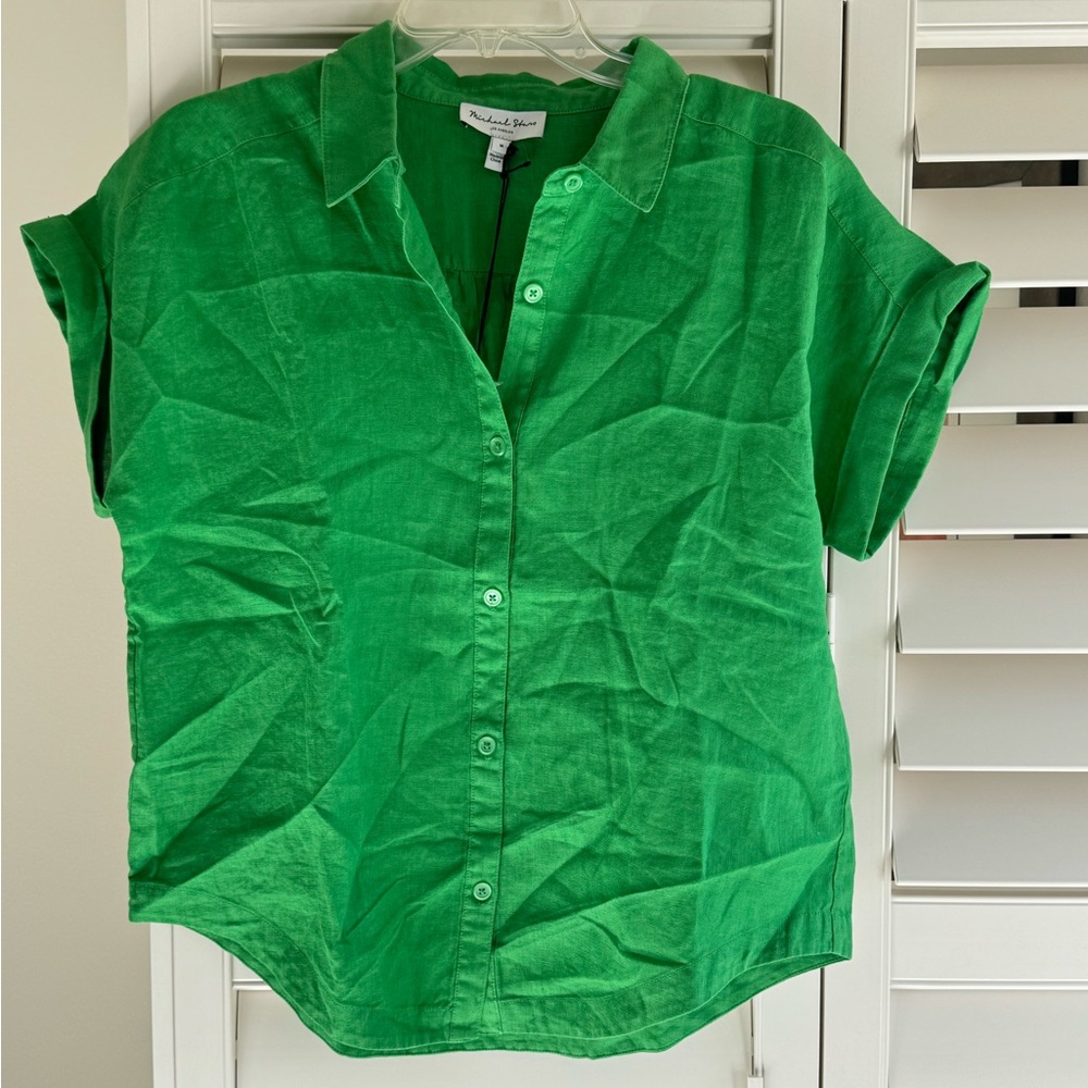 Michael Stars 100% Linen green button down top